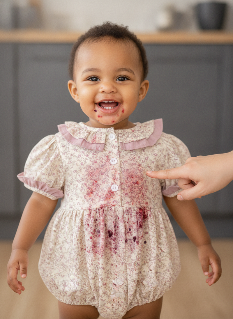 A diverse toddler in a pastel Bellora garment smiles brightly, covered in berry stains, while a parent's hand points to the s