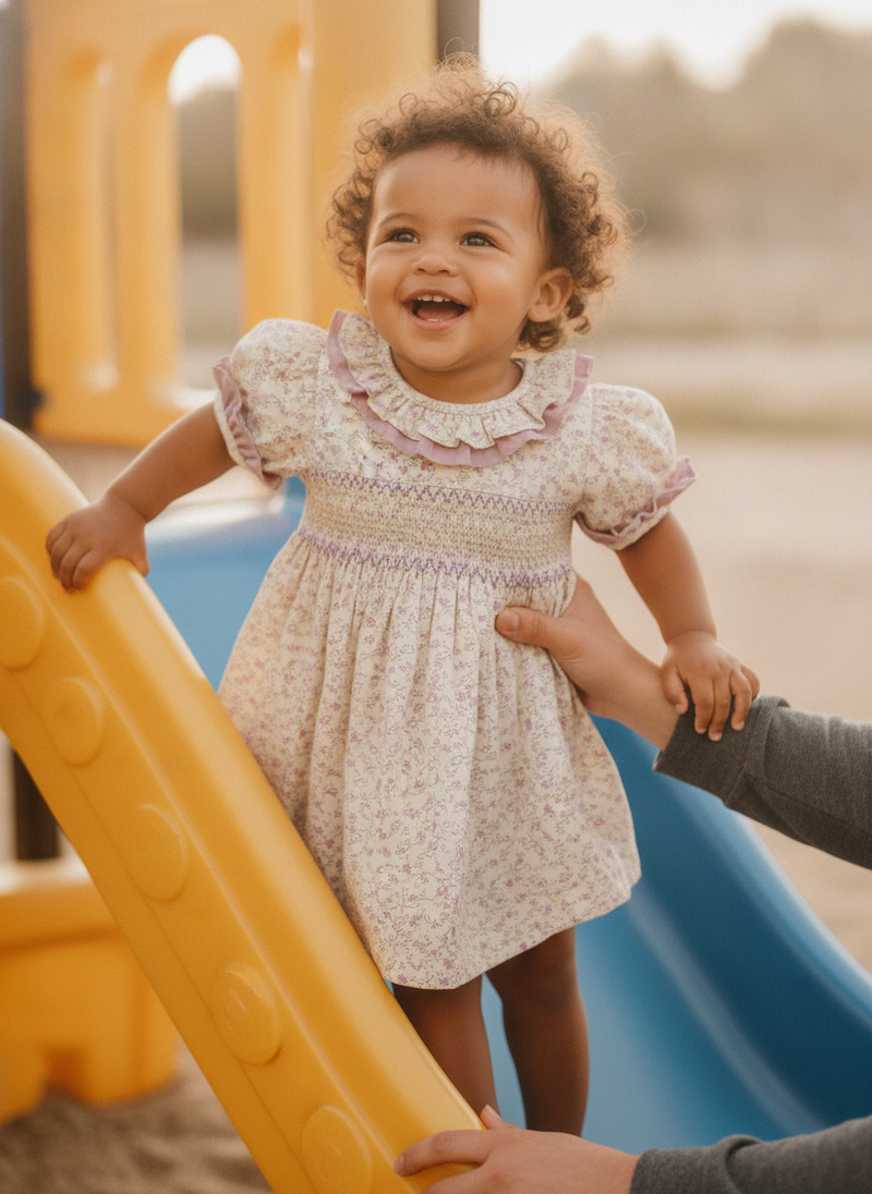Toddler wearing a Bellora garment, joyfully climbing a playground slide with a parent's hand nearby.